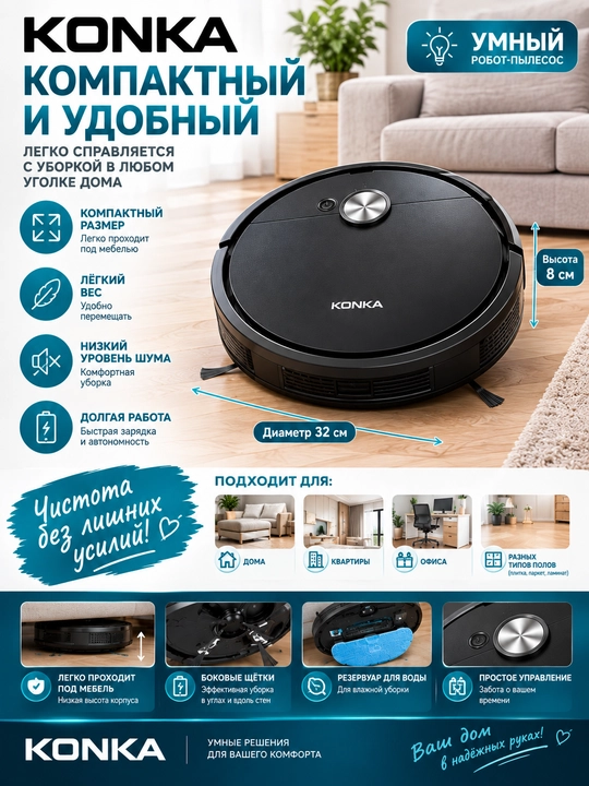 Робот-пылесос KONKA 3в1, сухая и влажная уборка, умная очистка
