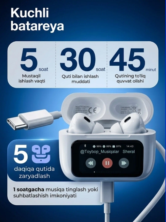 Simsiz quloqchinlar Saiya T80 ANC Pro Smart displey va shovqin so'ndirish bilan