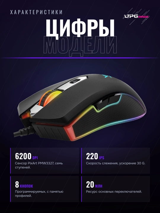 O'yin sichqonchasi Rapoo V28S simli, 6200 DPI, RGB yoritgich, 8 dasturlanadigan tugma