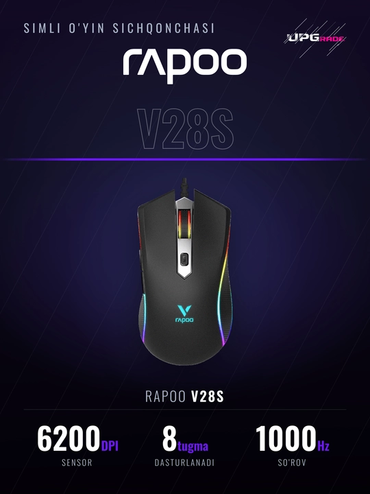 O'yin sichqonchasi Rapoo V28S simli, 6200 DPI, RGB yoritgich, 8 dasturlanadigan tugma