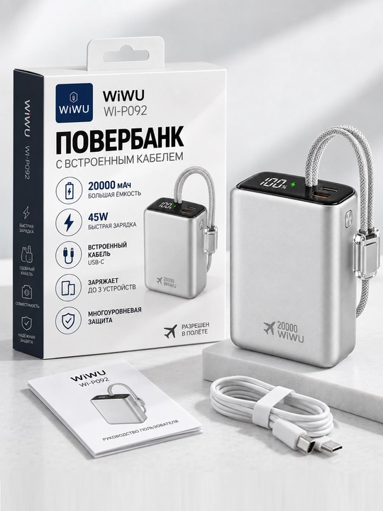 Power Bank WiWU 20000 mA/soat 45 Vt, o‘rnatilgan kabel va displeyga ega tashqi akkumulyator