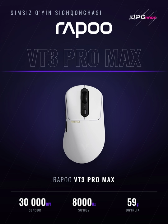 O'yin sichqonchasi Rapoo VT3 Pro Max simsiz, 30000 DPI, 8000 Gts, 59 g