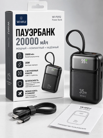 WiWU WI-P036 20000 mA·soat Power Bank 35W, displeyli tashqi akkumulyator