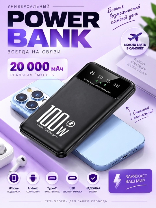 Tashqi akkumulyator, 20000mA 22.5W tezkor quvvat 100%