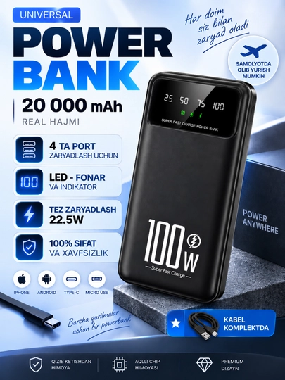 Tashqi akkumulyator, 20000mA 22.5W tezkor quvvat 100%