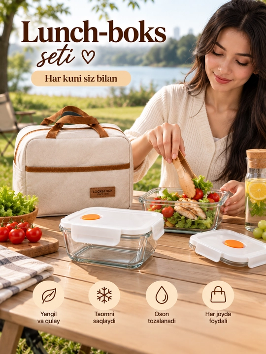Набор Lunch Box, 2 стеклянных контейнера для еды и термосумка, герметичные крышки
