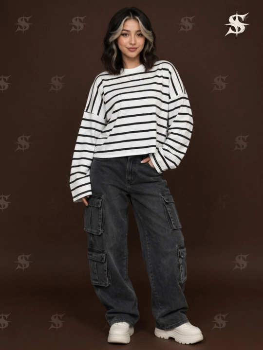 Лонгслив женский oversize, укороченный, в полоску Y2K, тельняшка