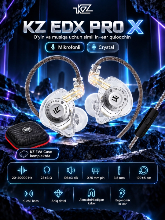 KZ EDX Pro X simli quloqchinlari, o‘yin va musiqa uchun, ichki kanalli, mikrofonga ega - 