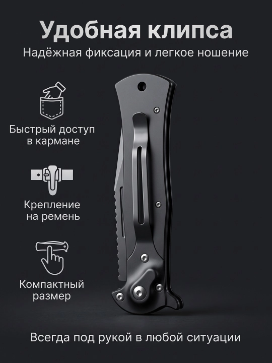 Складной нож с чёрной рукоятью, компактный формат, клипса