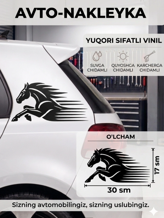Avtomobil uchun stiker — yozuvlar, belgilar, logotiplar, oq rangda, suvga chidamli - 