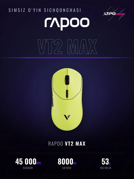 O'yin sichqonchasi Rapoo VT2 Max simsiz, 45000 DPI, 8000 Gts, 53 g