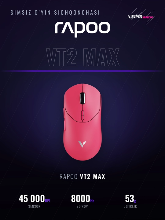 O'yin sichqonchasi Rapoo VT2 Max simsiz, 45000 DPI, 8000 Gts, 53 g