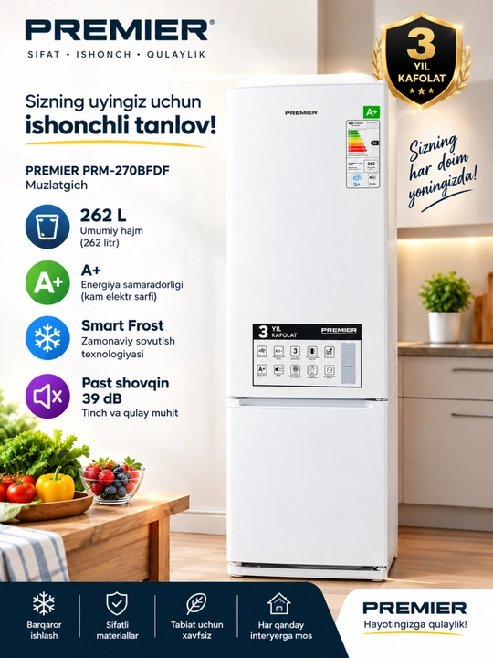 Холодильник Premier PRM-270BFDF, 262 л, A+, Smart Frost, 3 года гарантии - 