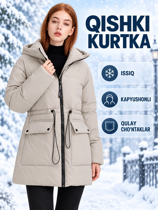 Ayollar uchun qishki kurtka, bel qismida kulisa kapyushoni bilan