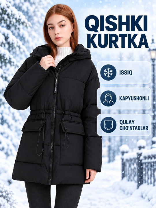Ayollar uchun qishki kurtka, bel qismida kulisa kapyushoni bilan