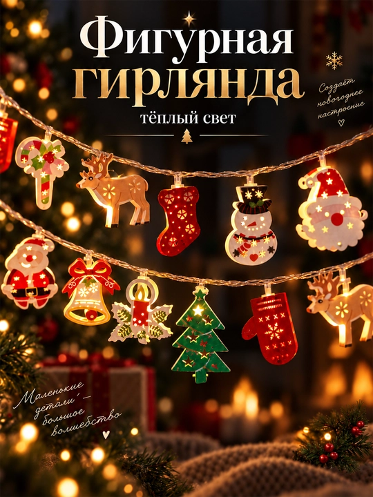 Гирлянда фигурная светодиодная на батарейках 1,5 м или 3 м с теплым светом - 