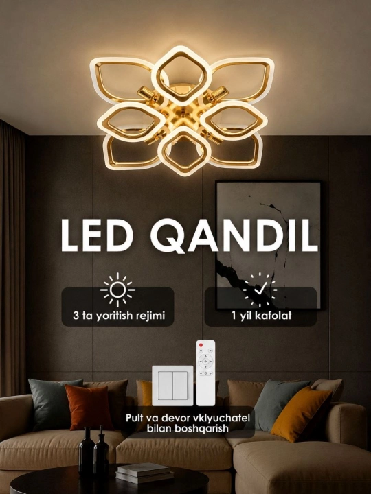Qandil svetodiodli, dumaloq, kvadrat, kristallar va pulti bilan - 