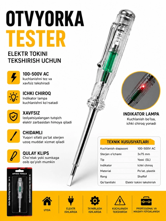 Elektr tester otvyorka 100–500V AC – Kuchlanish tekshiruvchi indikator otvyorka - 