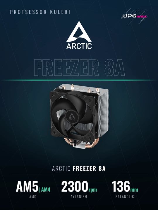 Protsessor uchun kuler ARCTIC Freezer 8A, AMD AM5 va AM4, 2 ta issiqlik trubkasi