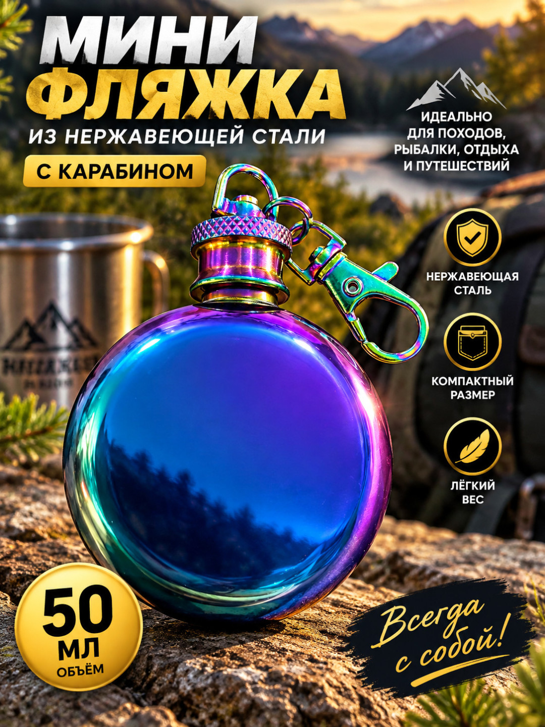 Мини-фляжка 50 мл из нержавеющей стали с карабином - 
