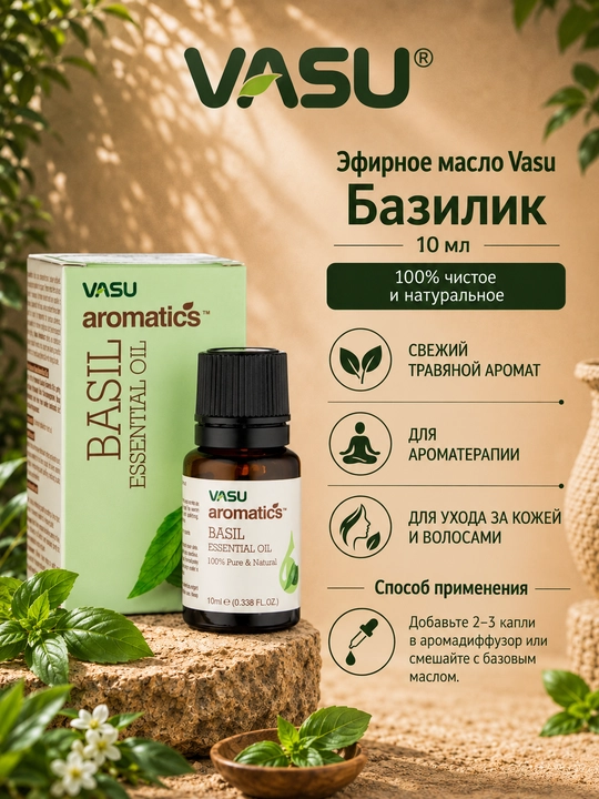 Vasu Bazilik efir moyi 10 ml, aromaterapiya, massaj va parvarish uchun - 