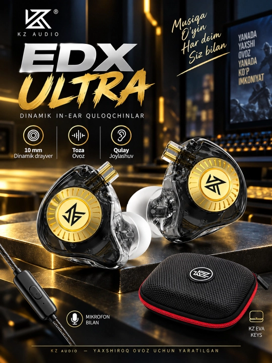 KZ EDX Ultra simli quloqchin,o‘yin va musiqa uchun mo‘ljallangan, ichki kanalli,mikrofonli - 