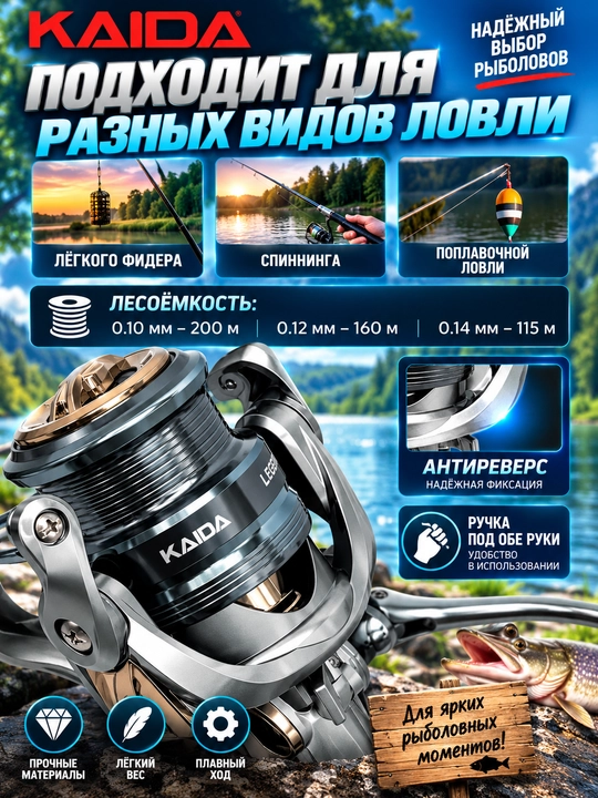 Катушка для спиннинга безынерционная для рыбалки KAIDA