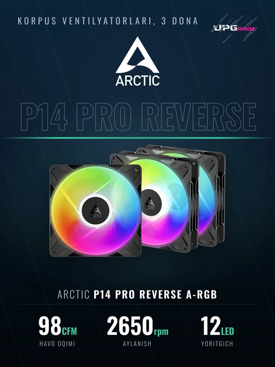 Korpus uchun ventilyator ARCTIC P14 PRO Reverse A-RGB 140 mm, 3 dona to'plam
