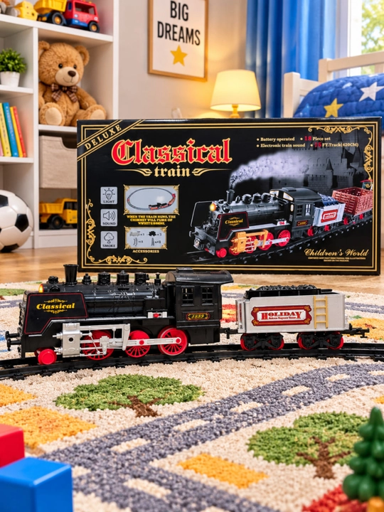 Поезд игрушка Classical Train, 18 предметов, звук свет дым, рельсы 420 см