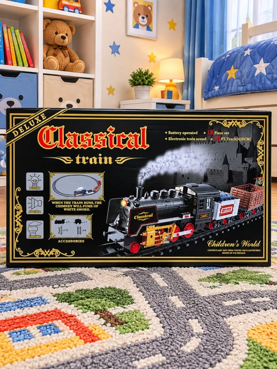 Поезд игрушка Classical Train, 18 предметов, звук свет дым, рельсы 420 см