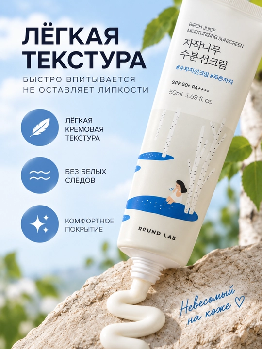 Солнцезащитный крем для лица Round Lab Birch Juice SPF 50+ PA++++, увлажняющий, 50 мл