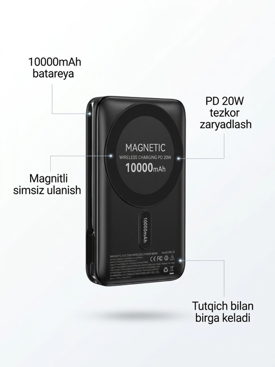 Повербанк 10000 мАч, магнитный MagSafe, беспроводная зарядка, 22.5W PD