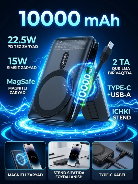 Повербанк 10000 мАч, магнитный MagSafe, беспроводная зарядка, 22.5W PD
