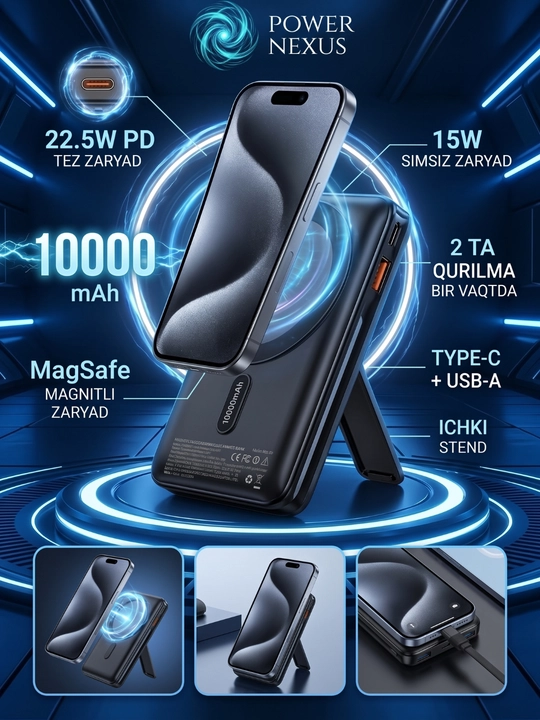Повербанк 10000 мАч, магнитный MagSafe, беспроводная зарядка, 22.5W PD - 