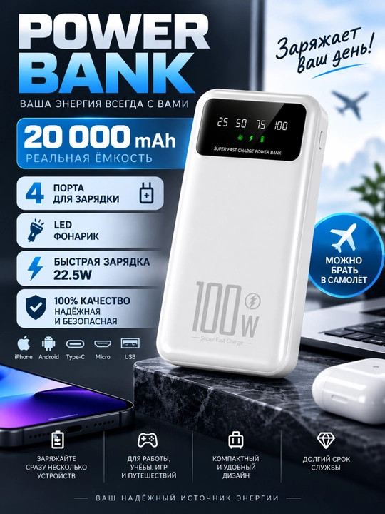 Tashqi akkumulyator, 20000mA 22.5W tezkor quvvat 100%