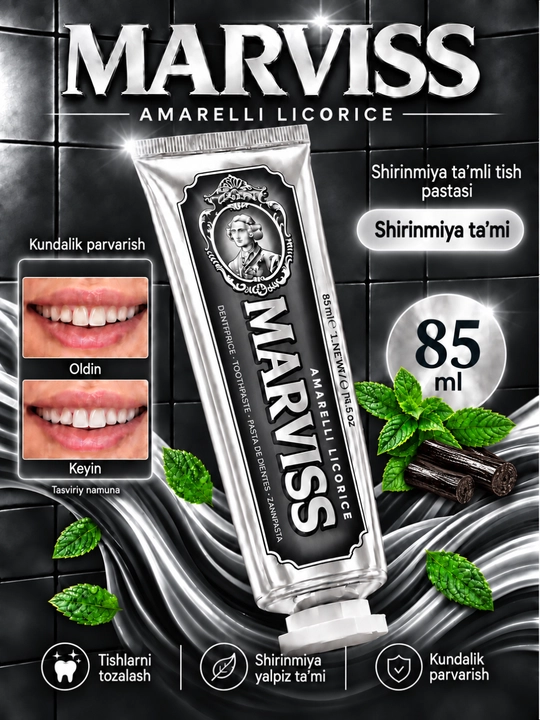 Oqartiruvchi effektga ega tish pastasi, MARVIS Amarelli Licorice Mint, 85 ml - 