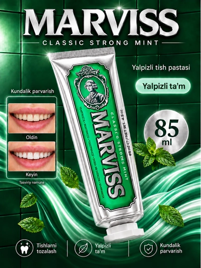 Oqartiruvchi effektga ega tish pastasi, MARVIS Amarelli Licorice Mint, 85 ml - 