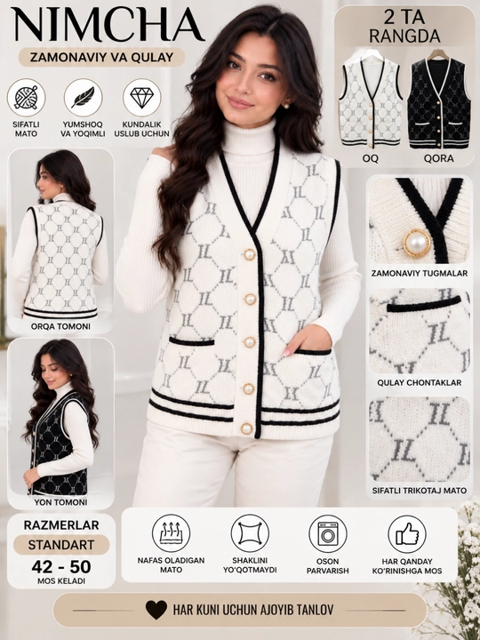 Ayollar angorka nimchasi tugmali yengsiz jilet yumshoq issiq kundalik kuzgi qishki kiyim
