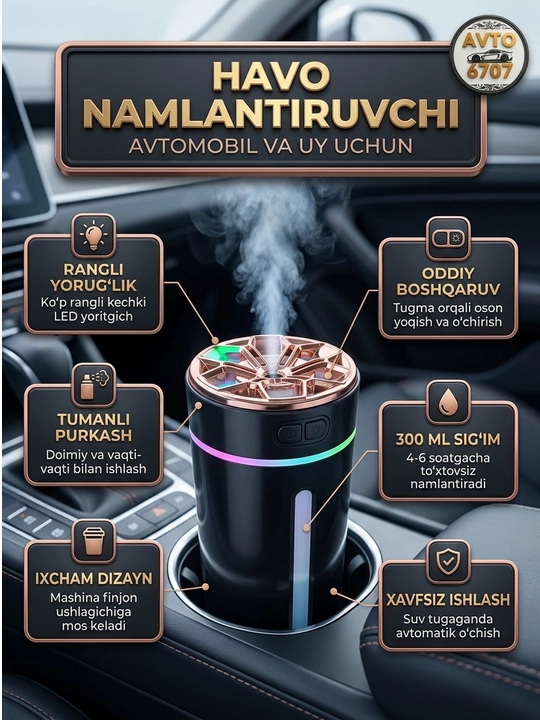 Avtomobil va uy uchun havo namlagichi, USB LED chiroqli, 300 ml