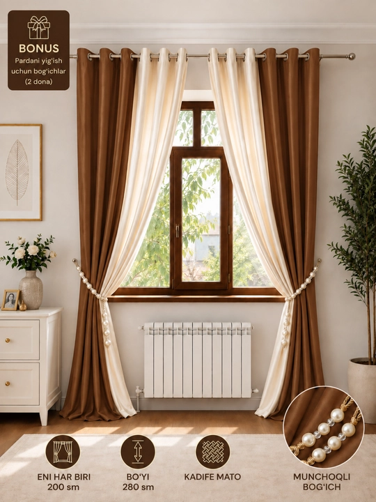 Premium ikki rangli kadife parda, lyuversli, 200×280 sm, bog‘ich bonus, zamonaviy dizayn - 