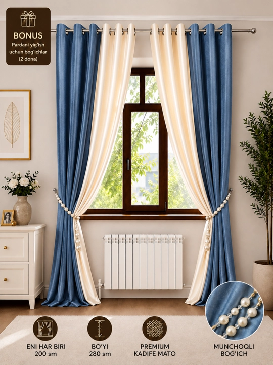 Premium ikki rangli kadife parda, lyuversli, 200×280 sm, bog‘ich bonus, zamonaviy dizayn - 