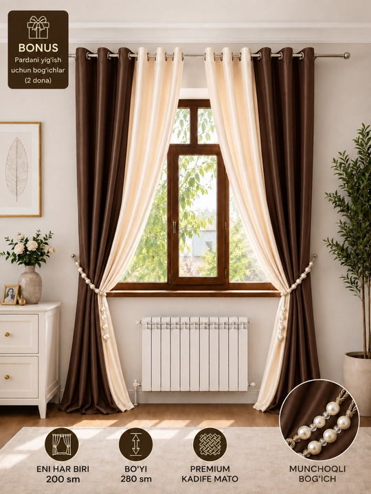 Premium ikki rangli kadife parda, lyuversli, 200×280 sm, bog‘ich bonus, zamonaviy dizayn - 