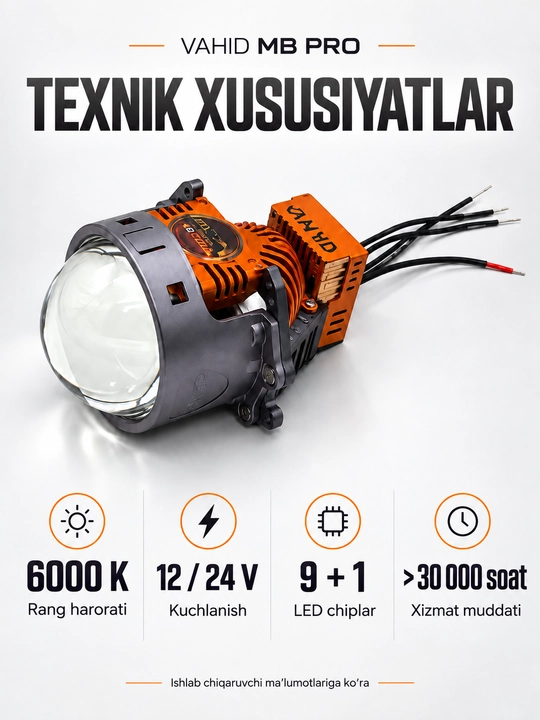 Bi LED Linza VAHID ELFA E10 Plus va VAHID MB PRO - yorqin avto chiroq, fara linzalari