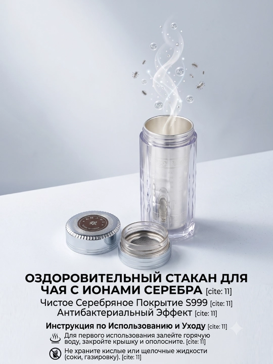 Оздоровительный стакан для чая с ионами серебра (Чистое серебро S999)