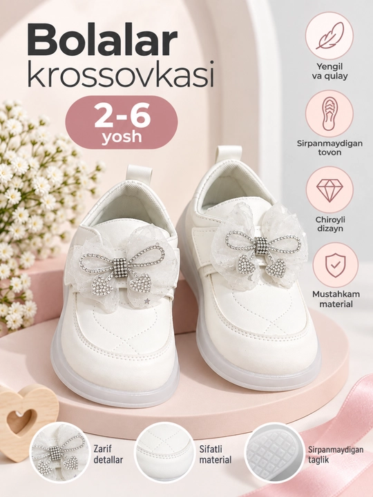 Белые кроссовки для девочки с бантиком, размеры 26–30, 2–6 лет - 