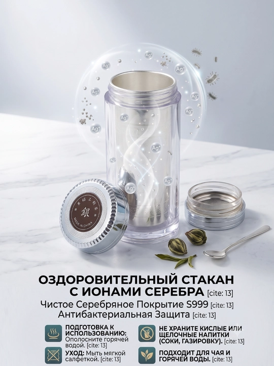 Оздоровительный стакан для чая с ионами серебра (Чистое серебро S999)