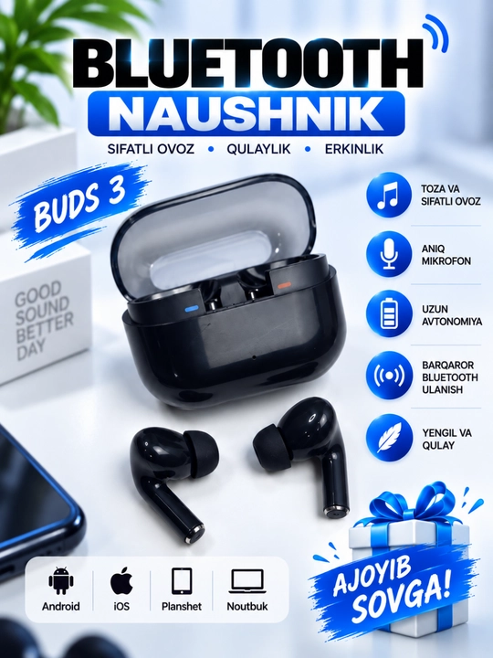 IPhone va Android uchun sensorli boshqaruvli simsiz Bods Pro 3 quloqchinlari - 