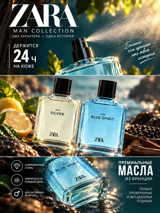 Туалетная вода для мужчин ZARA Silver 100 мл + Blue Spirit, 100 мл