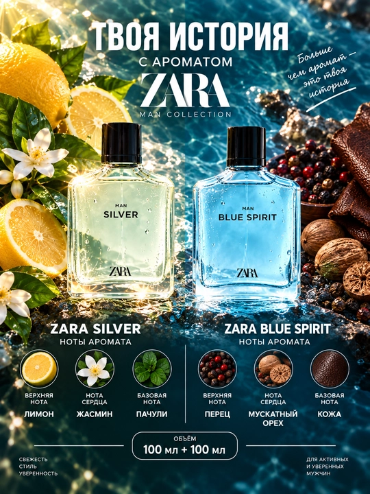 Туалетная вода для мужчин ZARA Silver 100 мл + Blue Spirit, 100 мл