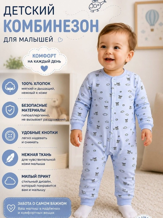 Детский хлопковый комбинезон с длинным рукавом на кнопках, слип для малыша - 
